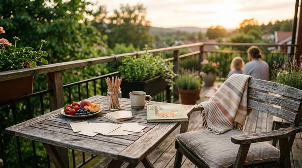 Ruhiger Sommerabend ohne Handy mit Decke, Karten, Stiften, Obst, Vorlesebuch ohne Text und Erinnerungsglas.