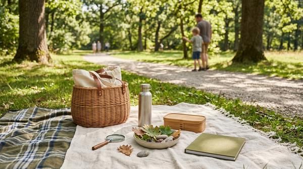 Sommerlicher Ausflug ohne Handy mit Picknicktasche, Trinkflasche, Brotdose, Naturfundstücken und Kinderbuch ohne lesbaren Text.
