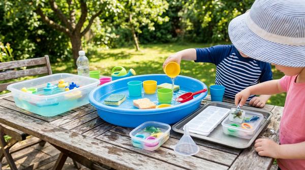 Sommerliche Wasserspiele für Kinder mit Schüsseln, Schwämmen, Eiswürfeln, Bechern und kleinen Spielsachen im Garten.