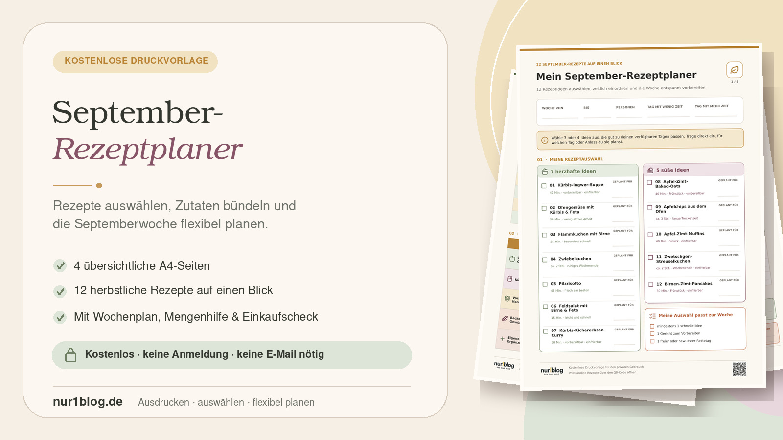 Vorschau des kostenlosen September-Rezeptplaners mit Wochenplan, Mengenhilfe und Einkaufsliste