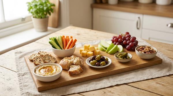 Snackplatten-Baukasten mit Crackern, Gemüse, Dip, Käse, Obst, Oliven und kleinen Schalen für ein Picknick ohne Kochen.