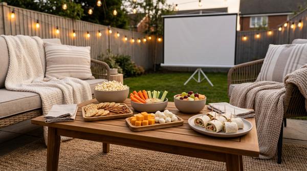 Kleine Snackschalen mit Popcorn, Gemüsesticks, Crackern und Mini-Wraps auf einem modernen Outdoor-Tisch.