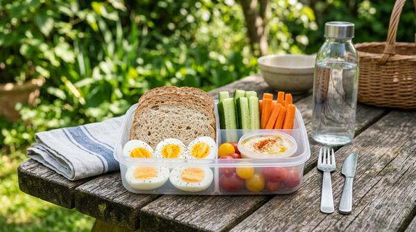 Sommer-Brotbox mit Brot, Ei, Gurke, Tomaten, Möhren und Dip als günstiges Gericht zum Mitnehmen.