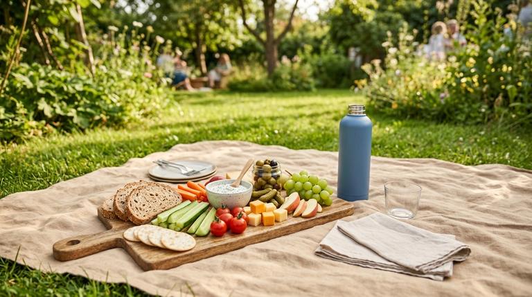 Sommerliche Picknickplatte aus Vorräten mit Brot, Crackern, Gemüse, Käse, Dip, Oliven und Picknickdecke ohne Kochen.