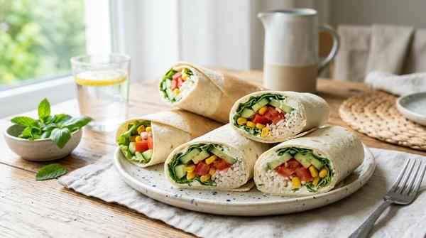 Sommer-Wraps mit Frischkäse, Reis, Gurke, Tomate und Mais auf einem hellen Teller.