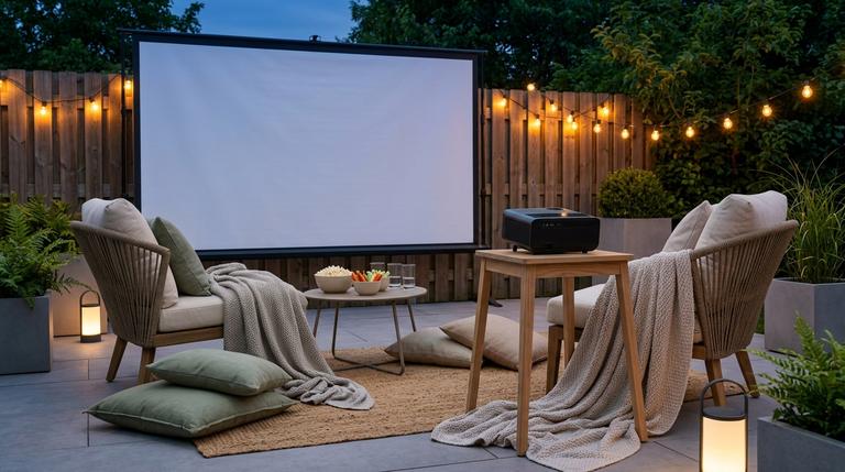 Modernes Sommerkino im Garten mit Leinwand, Beamer, gemütlichen Sitzplätzen, Lichterkette, Decken und Snacks.