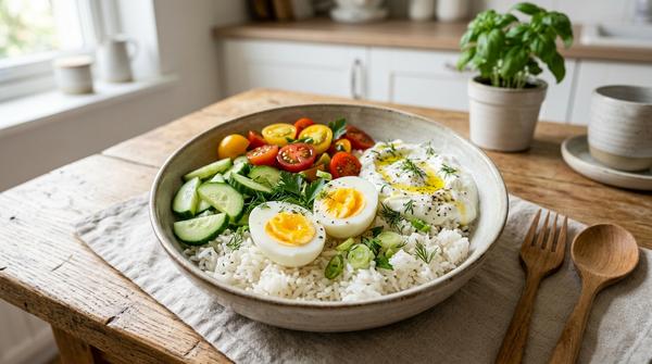 Sommerliche Reisschüssel mit Ei, Gurke, Tomate und Joghurt-Dip als günstiges Gericht.