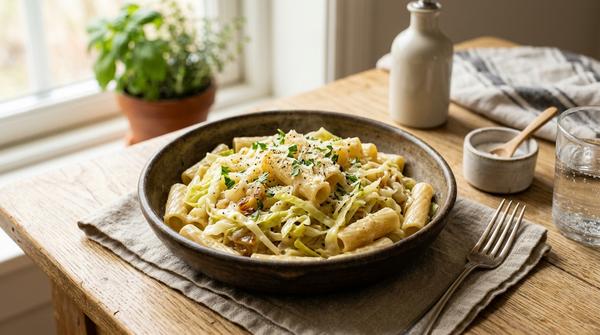 Cremige Nudelpfanne mit Spitzkohl und Frischkäse in einer hellen Schüssel.