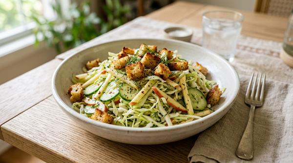 Frischer Spitzkohl-Salat mit Brotchips, Gurke oder Apfel und einfachem Dressing.
