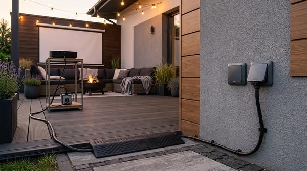 Moderne Außensteckdose an der Hauswand mit sauber verlegtem Outdoor-Verlängerungskabel am Rand einer Terrasse.