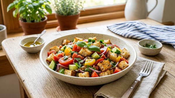 Sommerlicher Tomaten-Brot-Salat mit Gurke, gerösteten Brotwürfeln und Kräutern.