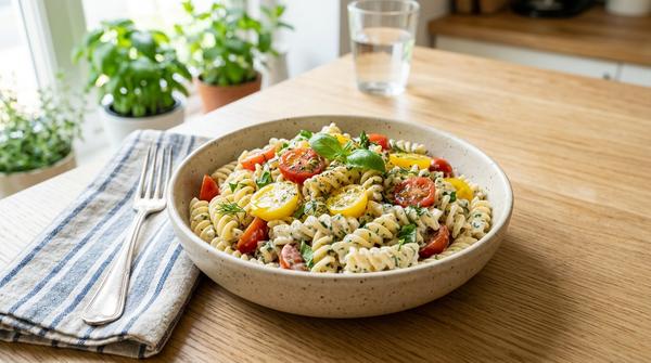 Kalte Sommerpasta mit Tomaten, Frischkäse-Soße und Kräutern als günstiges Gericht.