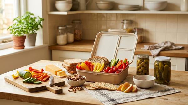 Vorrats-Check für ein günstiges Picknick mit Crackern, Brot, Gemüse, Käse, Oliven, Schraubgläsern und Picknickbox.