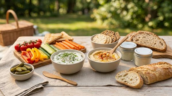 Picknick aus Vorräten mit zwei einfachen Cremes, Crackern, Brot, Gurkensticks, Paprika und kleinen Schraubgläsern.
