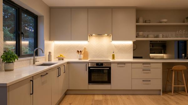 Moderne helle Küche mit warmem Licht und sanft beleuchteter Arbeitsfläche.
