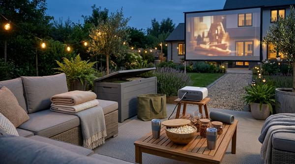 Vorbereitete Garten-Movie-Night mit Decken, geschlossenen Getränken, Aufbewahrungsbox und Tasche für den schnellen Technikabbau.