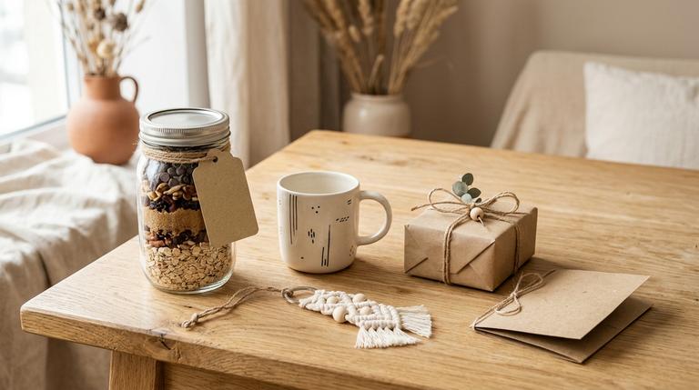 Auswahl schneller DIY-Geschenke mit Glas, Tasse, Karte, Schlüsselanhänger und Geschenkbox