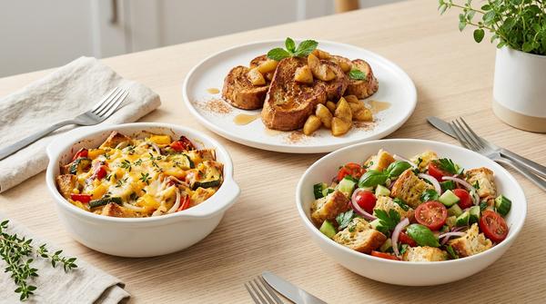3 Brotgerichte auf einem Tisch: herzhafter Brotauflauf, Arme Ritter mit Apfel und Zimt sowie Brotsalat mit Tomaten und Kräutern.