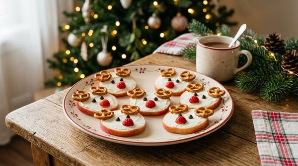 Apfel-Rentier mit Brezel-Geweih als Weihnachts-Snack für Kinder
