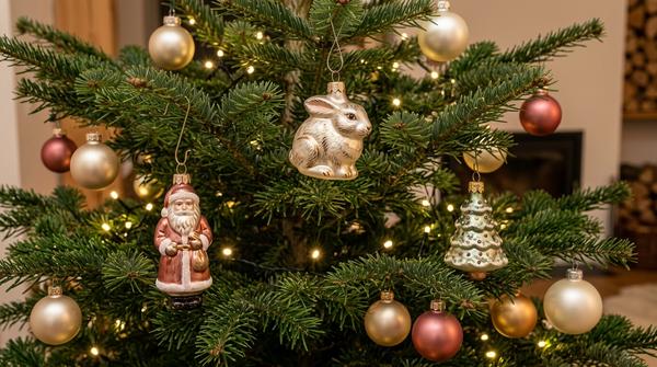 Weihnachtsmann, Tierfigur und kleiner Tannenbaum als filigrane Glasornamente