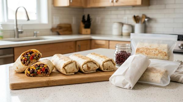 Mehrere gefüllte Bohnen-Gemüse-Burritos zum einzelnen Einfrieren und ein angeschnittener Burrito mit sichtbarer Füllung.