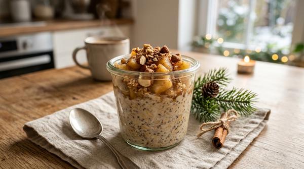 Bratapfel-Overnight-Oats in einem Glas als festliches Frühstück