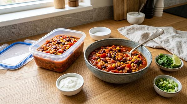 Chili sin Carne mit Bohnen, Mais und Paprika als vorbereitete Meal-Prep-Portion.