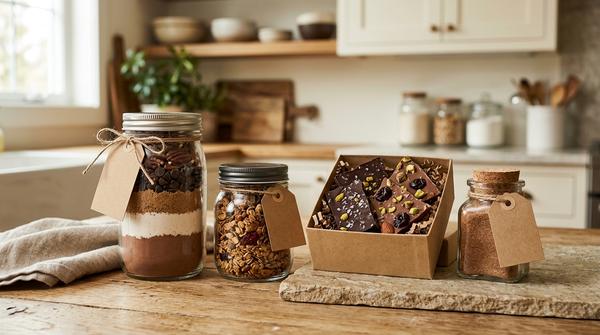 Backmischung, Granola, Bruchschokolade und Gewürzzucker als selbstgemachte Geschenke