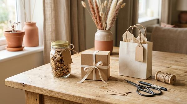 Schlicht verpackte DIY-Geschenke mit Kraftpapier, Garn und Geschenkanhängern