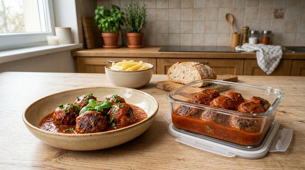 Kleine Frikadellen in kräftiger Tomatensoße als portioniertes Gefrierschrank-Meal-Prep.