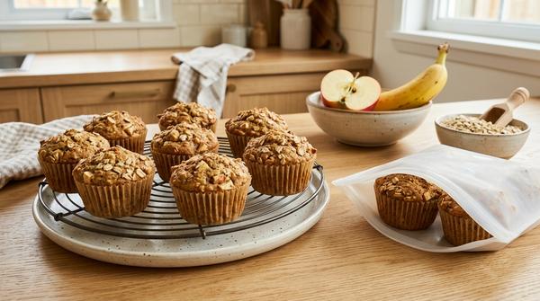 Selbst gebackene Frühstücksmuffins mit Haferflocken, Apfel und Banane zum portionsweisen Einfrieren.