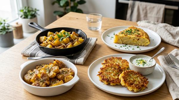 4 Kartoffelgerichte auf einem Tisch: Bratkartoffeln, Kartoffeltaler, Kartoffel-Tortilla und knusprige Ofenkartoffeln.