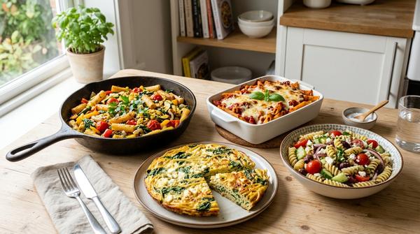 Mehrere Nudelgerichte auf einem Tisch: Nudelpfanne, Nudelauflauf, Nudel-Frittata und mediterraner Nudelsalat.