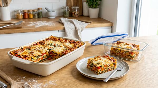 Angeschnittene Gemüse-Lasagne mit sichtbaren Schichten und einzelner Portion in einer Gefrierdose.