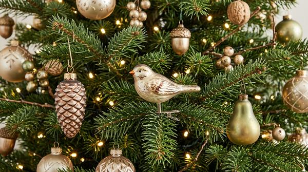 Glasvogel, gläserner Tannenzapfen und Fruchtornament an einem Weihnachtsbaum