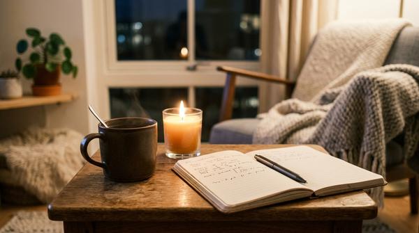 Kleiner Tisch mit Tee, Kerze und handgeschriebener Notiz in ruhiger Abendstimmung