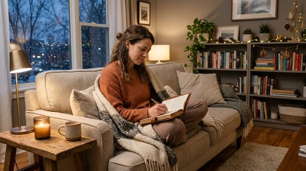 Frau sitzt mit Decke auf dem Sofa und schreibt nachdenklich in ein Journal