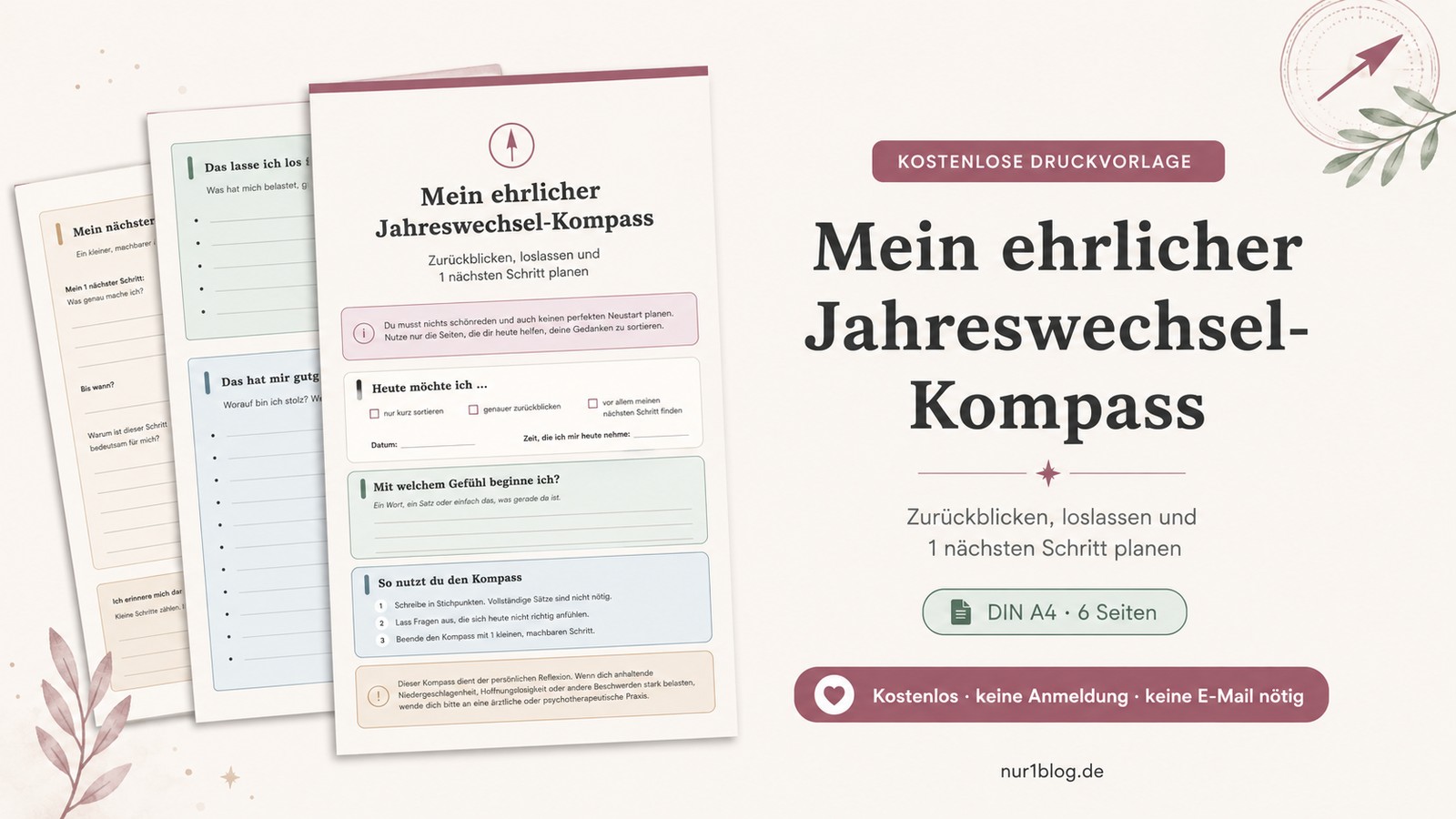 Vorschaubild des kostenlosen Jahreswechsel-Kompasses als 6-seitige Druckvorlage zum Zurückblicken, Loslassen und Planen des nächsten Schritts