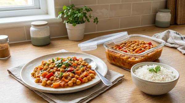 Cremiges Kichererbsen-Curry mit Gemüse in einer Meal-Prep-Dose und frisch gekochtem Reis daneben.