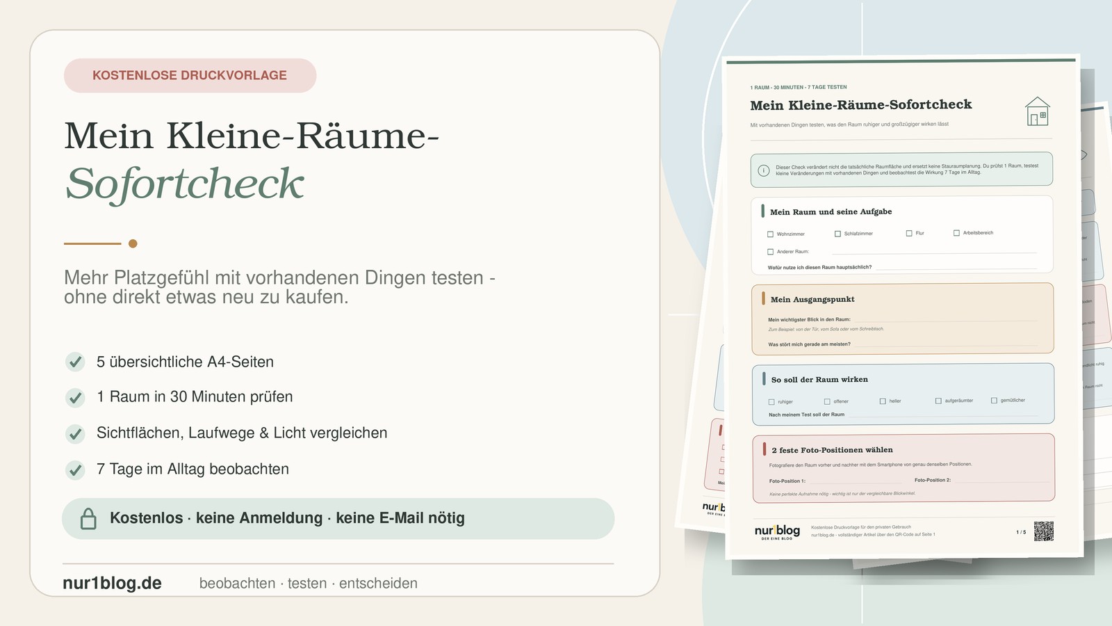 Vorschau der kostenlosen PDF-Druckvorlage Mein Kleine-Räume-Sofortcheck mit mehreren Arbeitsblättern