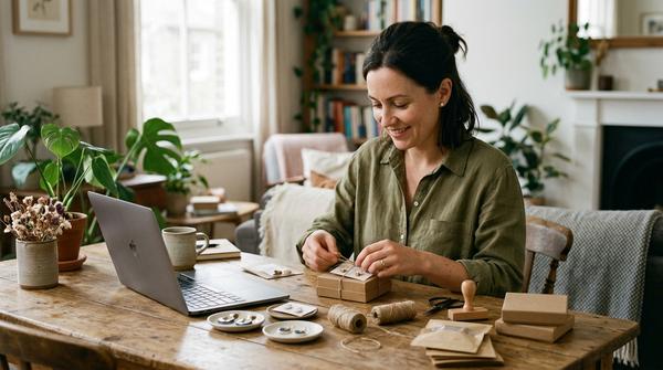 Frau verpackt an einem Tisch ein kleines Produkt und arbeitet an einem überschaubaren Nebenbusiness von zu Hause aus