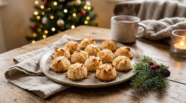 Selbstgemachte Kokosmakronen ohne Haushaltszucker in weihnachtlicher Szene