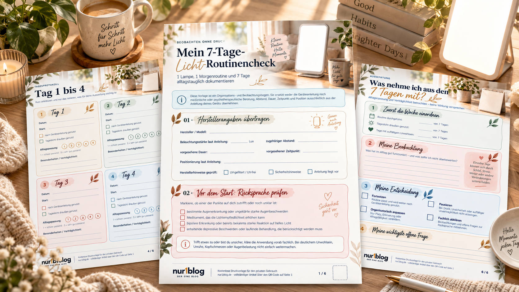 Vorschaubild des kostenlosen 6-seitigen 7-Tage-Licht-Routinenchecks mit Tagesprotokoll und Wochenauswertung