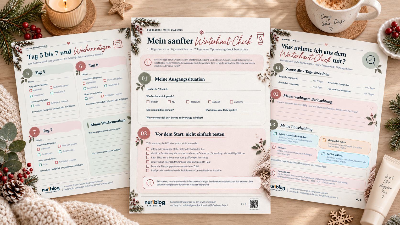 Vorschaubild des kostenlosen 6-seitigen Winterhaut-Checks mit Pflegeauswahl, Verträglichkeitscheck und 7-Tage-Beobachtung
