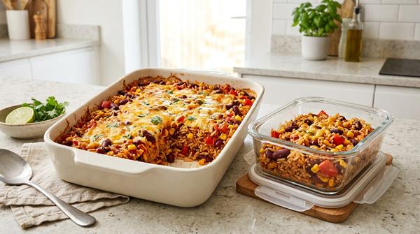 Mexikanischer Reisauflauf mit Bohnen, Mais, Paprika, Tomaten und Käse in einer Meal-Prep-Portion.