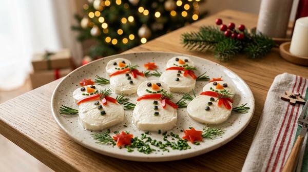 Mozzarella-Schneemänner mit Gurke und Paprika auf einem Teller