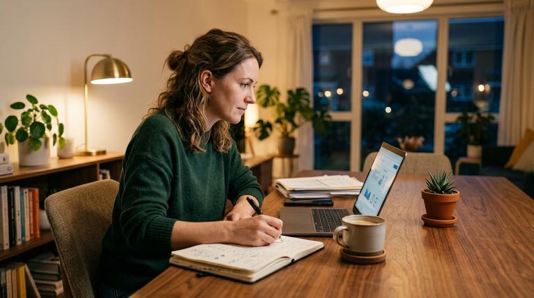 Frau arbeitet abends an einem Laptop am Esstisch mit Notizbuch und Kaffee und plant ihr Nebenbusiness