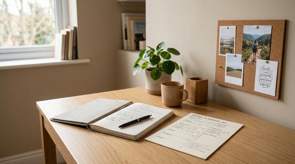 Schreibtisch mit kleiner Wochenplanung, Notizbuch und sanft dekorierter Vision-Board-Ecke