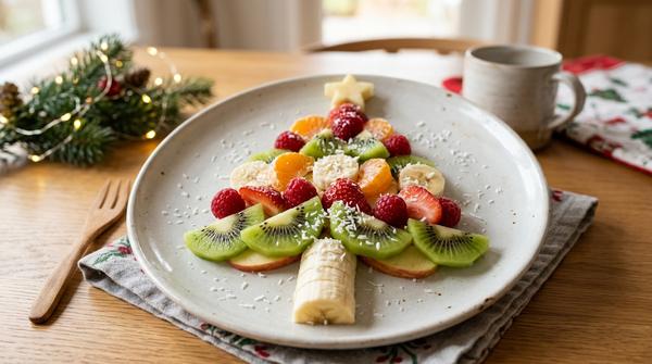 Obst-Weihnachtsbaum mit Banane, Apfel und Mandarine für Kinder