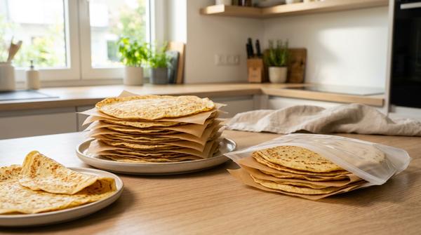 Stapel dünner Pfannkuchen mit Trennlagen zum portionsweisen Einfrieren und frisch serviertem Pfannkuchen.